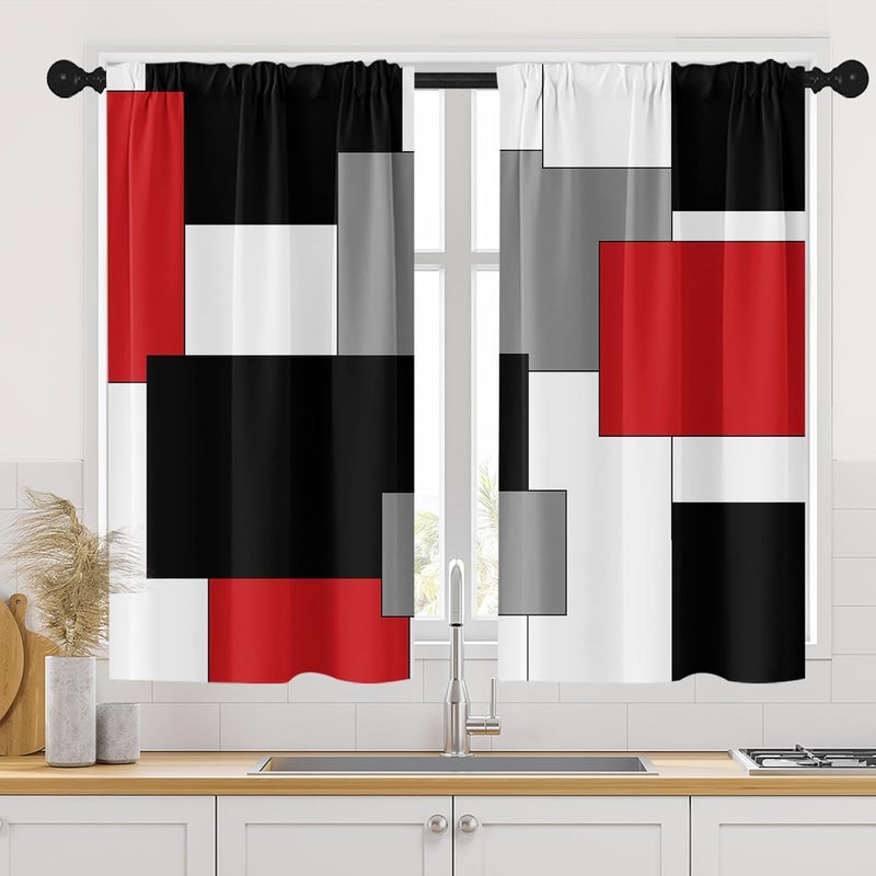 Tayney Red Kitchen Curtains 45 Inch Length Black Grey White Window Short Tier Curtains Over Sink Set of 2, Modern Abstract Geometric Art Kitchen Decor 42x45 Inch - Image 1